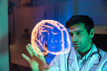 Human brain Virtual hologram. man Physician Examine Holographic Body Models. Medical technology and hospital care treatment. Nanoscale Diagnostics, Disease diagnosis and treatment technology