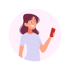 Smiling Young Woman Holding Smartphone. Female Enjoying Social Media