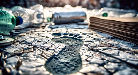 Footprint in Recycled Material Amidst Plastic Bottles and Cans,