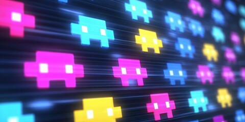 Pixel arcade alien pattern neon retro game sprite glowing rows in motion creating energetic digital background with vibrant color and light streaks