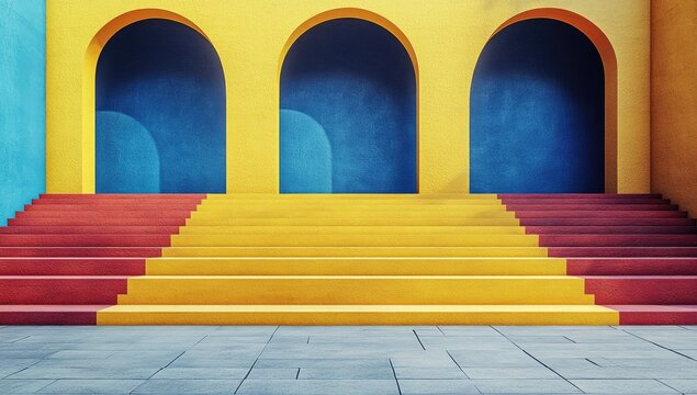 Colorful arches frame a three-tiered staircase