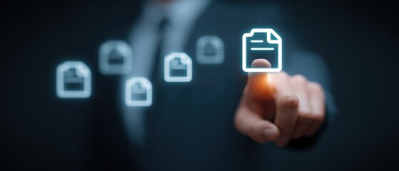 Fototapeta premium Digital document icon selection by businessperson pointing at virtual file on dark interface conveying secure document management and efficient access control