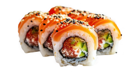 Sushi roll with salmon isolated on transparent background, close up view