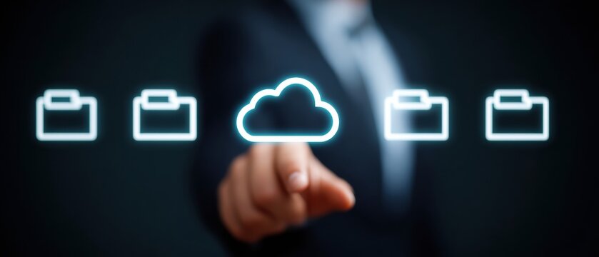 Cloud storage concept with file folder icon and glowing cloud symbol, business person fingertip selecting virtual storage in dark interface, modern technology and data access