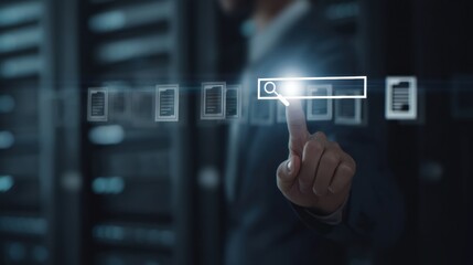 Man pointing at glowing search icon above server rack in data center, digital file icons and holographic interface conveying cybersecurity and cloud storage urgency and focus