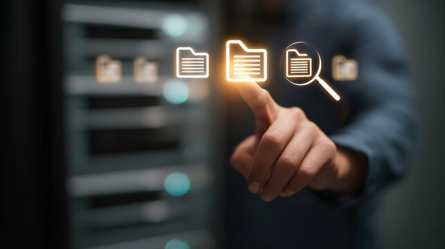 Man pointing at glowing folder icon above server rack, selecting digital file with magnifying glass and network storage access in data center environment featuring warm light emotion