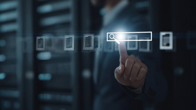 Man pointing at glowing search icon above server rack in data center, digital file icons and holographic interface conveying cybersecurity and cloud storage urgency and focus