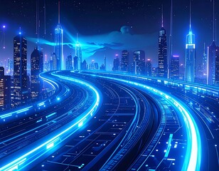 A vibrant, futuristic cityscape glows at night with neon lights along highways and tall skyscrapers