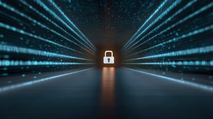 Secure lock icon in glowing digital tunnel with streaming data light and reflection, cybersecurity concept conveying protection and encrypted network traffic