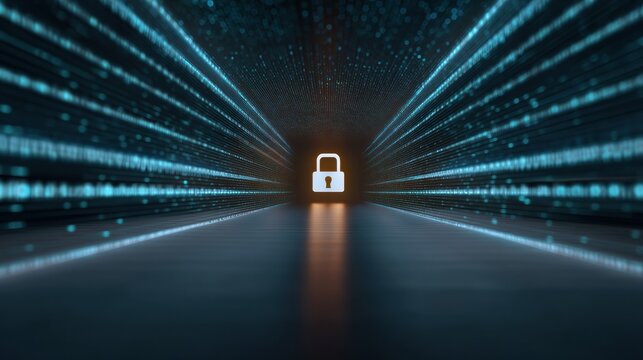 Secure lock icon in glowing digital tunnel with streaming data light and reflection, cybersecurity concept conveying protection and encrypted network traffic
