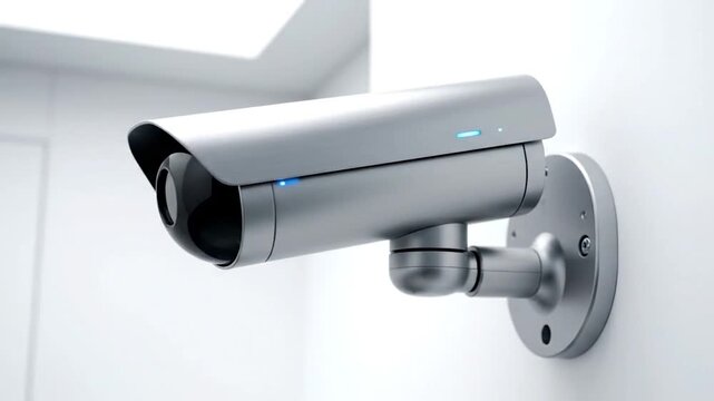 Close-up of a security camera mounted on a white wall, with a sleek, modern design