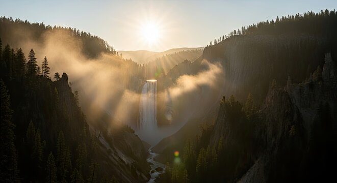 Majestic waterfall cascades through misty canyon bathed in golden sunbeams, creating an awe-inspiring natural spectacle of light and shadow