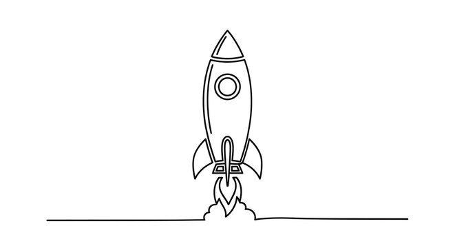 A minimalist line art drawing of a rocket ship launching with smoke and fire from its base, set against a clean white background, symbolizing a new beginning or successful startup