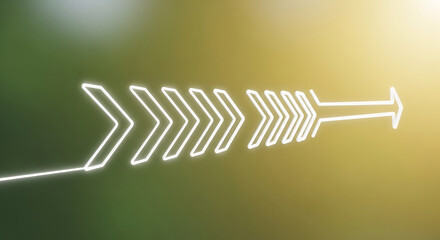 Abstract glowing neon arrow pointing forward with a sense of direction and progress against a blurred green and yellow background, symbolizing movement and advancement