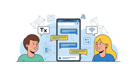 Two people communicating via smartphone messaging app, illustrating online conversation, social media, and digital connection isolated on white background