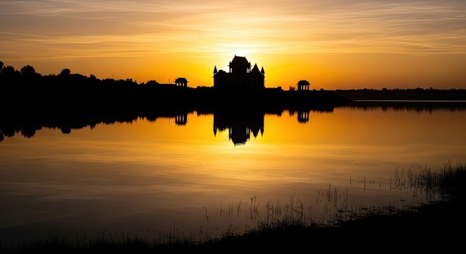 Stunning golden hour silhouette of an ancient Indian monument reflected perfectly in tranquil water, evoking serenity and timeless beauty for travel and cultural promotion.