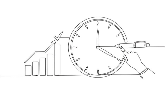 Hand pointing to a clock face with a bar graph and airplane in the background, symbolizing time management and business growth, isolated on white background