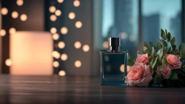 Elegant fragrance bottle with pink roses on wooden table bokeh background luxury beauty product