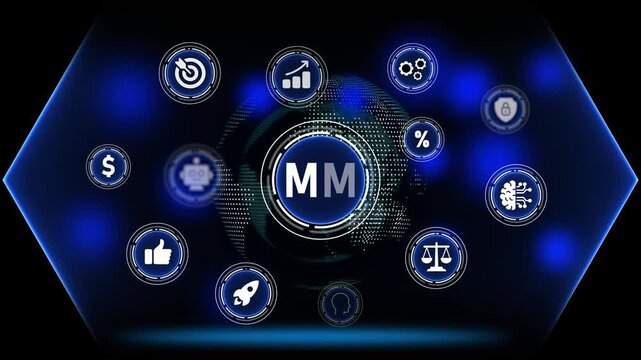 Digital marketing strategy icons surrounding a central M logo on a futuristic globe background Keywords: digital marketing, strategy, icons, MM, logo, business, technology, globe, network, data