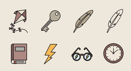 Naklejka premium An icon sheet featuring eight illustrations associated with magic or wizards: a kite, a key, two feathers (quills), a book, a lightning bolt, round glasses with a lightning bolt, and a clock.