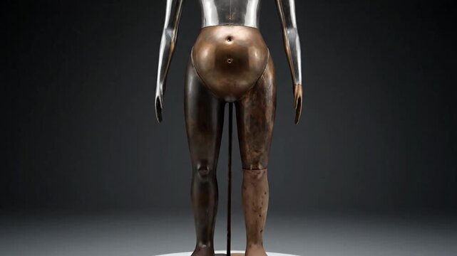 Metallic torso mannequin, featuring a shiny upper body and bronze lower half, against a dark backdrop