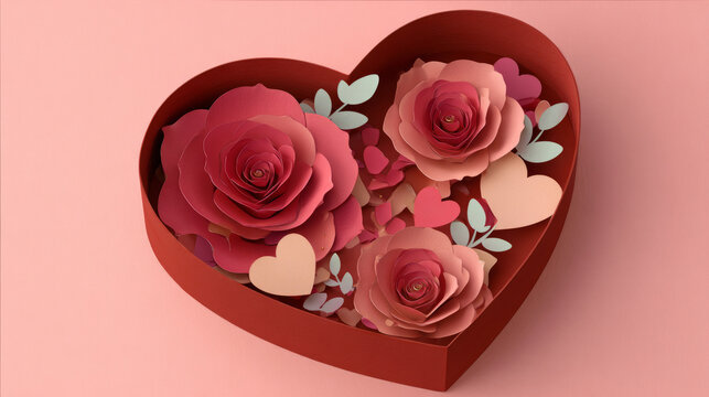 Vibrant red heart-shaped box filled with intricately layered roses and colorful paper hearts for romantic occasion or special celebration decoration