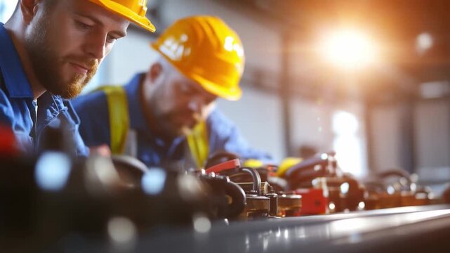 Teamwork in Manufacturing: Two focused workers collaborate diligently on a manufacturing project, donned in yellow safety helmets, highlighting the essence of industrial harmony and skill.