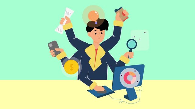 Animated Multitasking Illustration - Busy man Productivity Character Loop