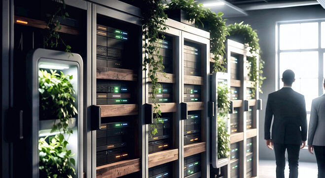 Eco-Friendly Data Center with Greenery and Business Professional