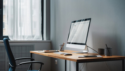 A clean and organized home office desk setup featuring a modern computer, a comfortable chair, and natural light filtering through a window, perfect for remote work or study