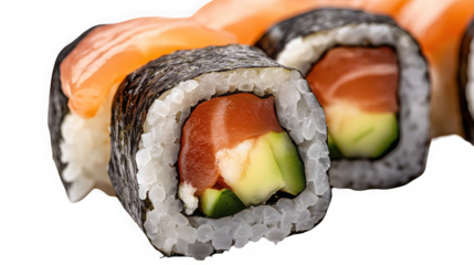 Sushi roll with salmon isolated on transparent background, close up view