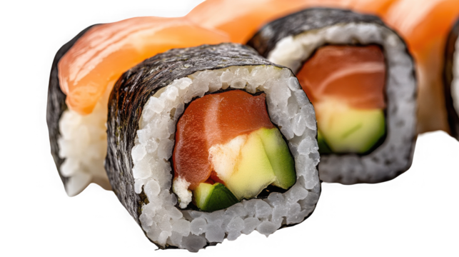 Sushi roll with salmon isolated on transparent background, close up view - Powered by Adobe