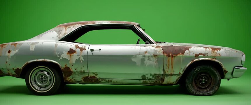 Decay Time Lapse Classic White Car Rusting on Green Screen Background