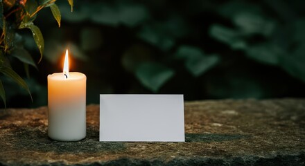 Illuminated White Candle Beside Blank Greeting Card on Stone Surface with Lush Green Foliage Background