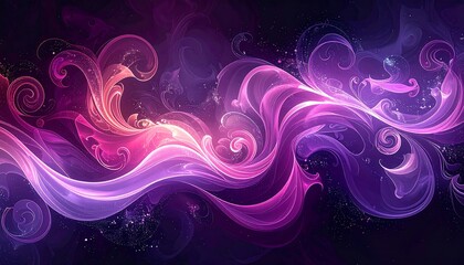 An abstract swirling design features vibrant ribbons of color. The artwork blends shades of pink, purple, and orange creating an ethereal flow