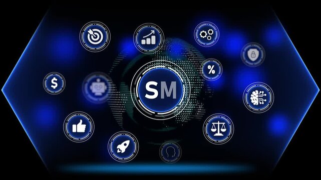 Digital marketing strategy icons surrounding a central SM logo on a futuristic globe background Keywords: digital marketing, strategy, icons, SM, logo, business, technology, globe, network, data