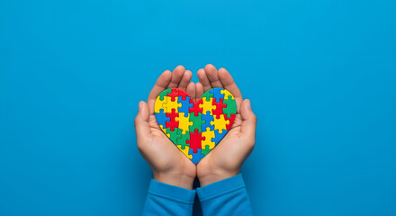 Child's Hands Holding a Colorful Puzzle Heart, Symbolizing Autism Awareness.