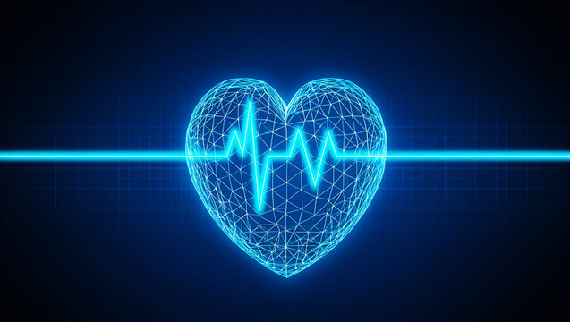 Glowing wireframe heart with electrocardiogram pulse blue