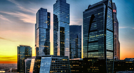 Obraz premium Modern Skyscrapers Silhouetted Against a Vibrant Sunset Sky in C
