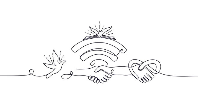 Conceptual line art illustration symbolizing connection and communication, featuring a dove, a handshake, and a heart intertwined with a wifi symbol, isolated on white background