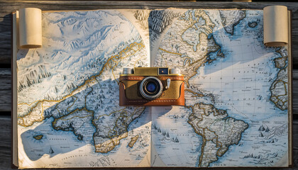 A vintage analog camera is carefully placed on an open antique world map, representing the exciting planning phase of a global adventure and the timeless spirit of exploration