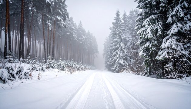 A snow-covered forest path is framed by towering evergreen trees, creating a perspective that disappears into a misty backdrop