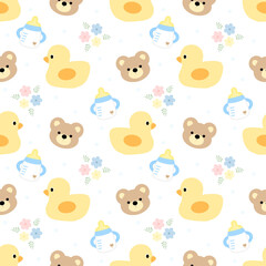 seamless pattern with baby bear and bird 