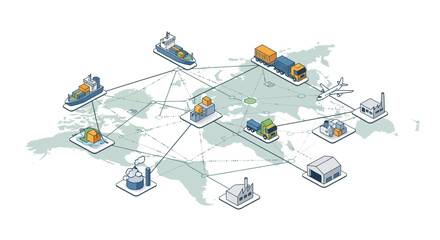 Efficient global logistics network connecting factories, warehouses, ships, trucks, and airplanes across the world map for seamless supply chain management
