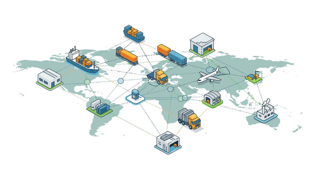 Efficient global logistics network connecting shipping containers, trucks, airplane, and warehouses across the world for supply chain management
