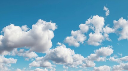 Obraz premium The high-resolution image shows a bright blue sky dotted with scattered white clouds. Natural light helps to highlight the soft texture of the clouds.