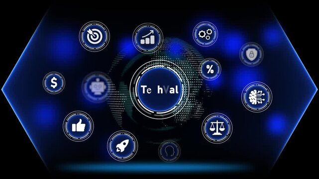 Digital marketing strategy icons surrounding a central Tech al logo on a futuristic globe background Keywords: digital marketing, strategy, icons, Tech al, logo, business, technology, globe