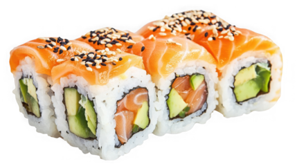 Delicious sushi roll with salmon and avocado isolated on transparent background