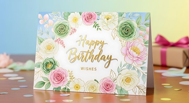 Happy birthday floral card wishes greeting celebration party gift present occasion flower design art
