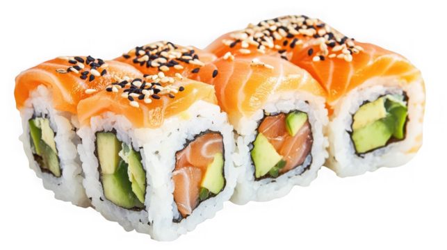 Delicious sushi roll with salmon and avocado isolated on transparent background